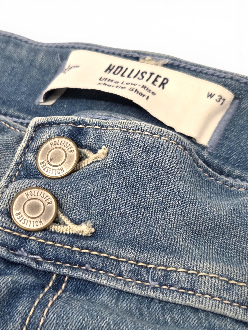 Hollister Ultra Low Rise Shortie Shorts Size 12 / 31 Y2K Double Button Denim EUC - Picture 2 of 11